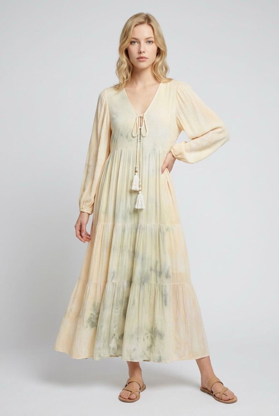 YFB Tie Die Tiered Midi Dress Womens Small Puff Sleeve Ren Faire Boho Festival